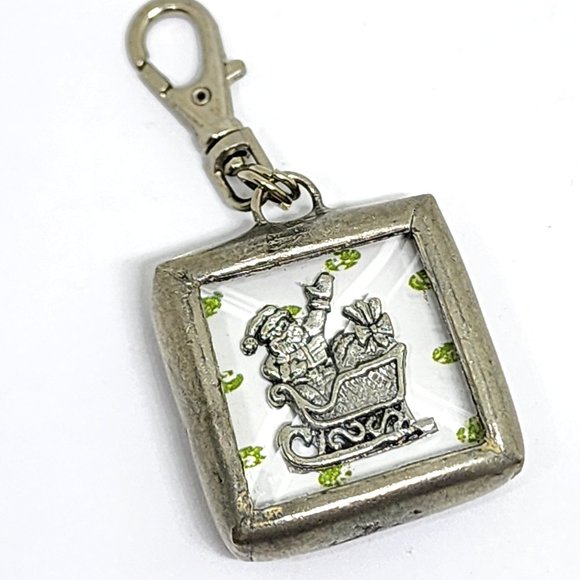 Rare Vintage Christmas Santa Ornament Two Sided Glass Pewter Swivel Clip Charm - Picture 3 of 10